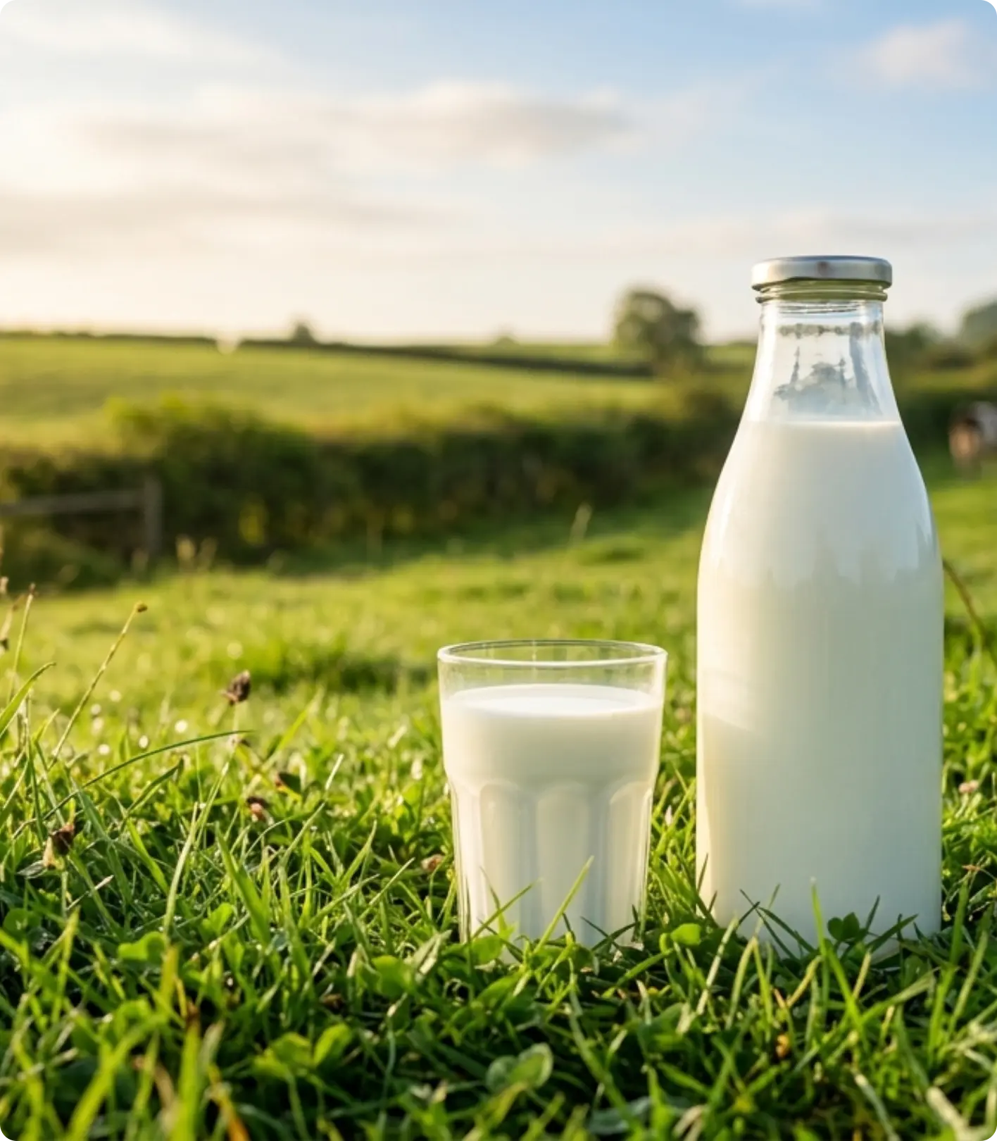Botol dan gelas susu segar di peternakan hijau